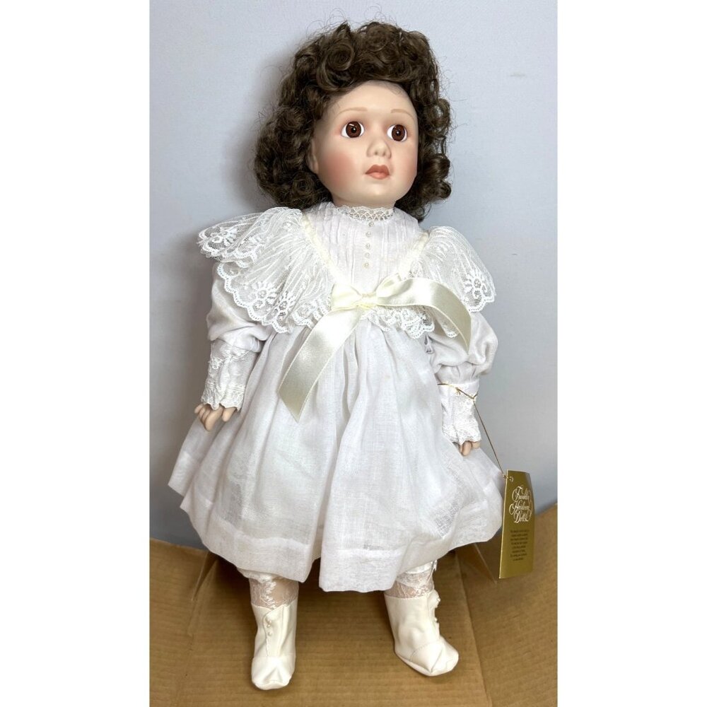 Franklin Heirloom Dolls Collectible Porcelain Doll With Lace & Satin Details In